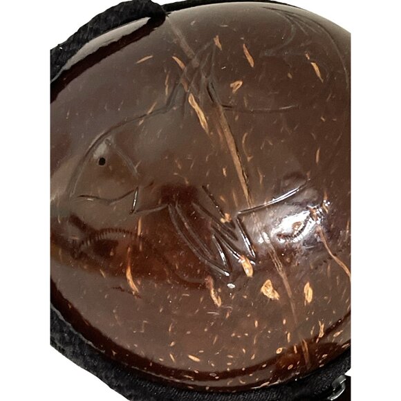 Shoulder Clutch Purse Brown Coconut Shell Carved Fish Zipper Close Lined Vintage - Picture 4 of 10